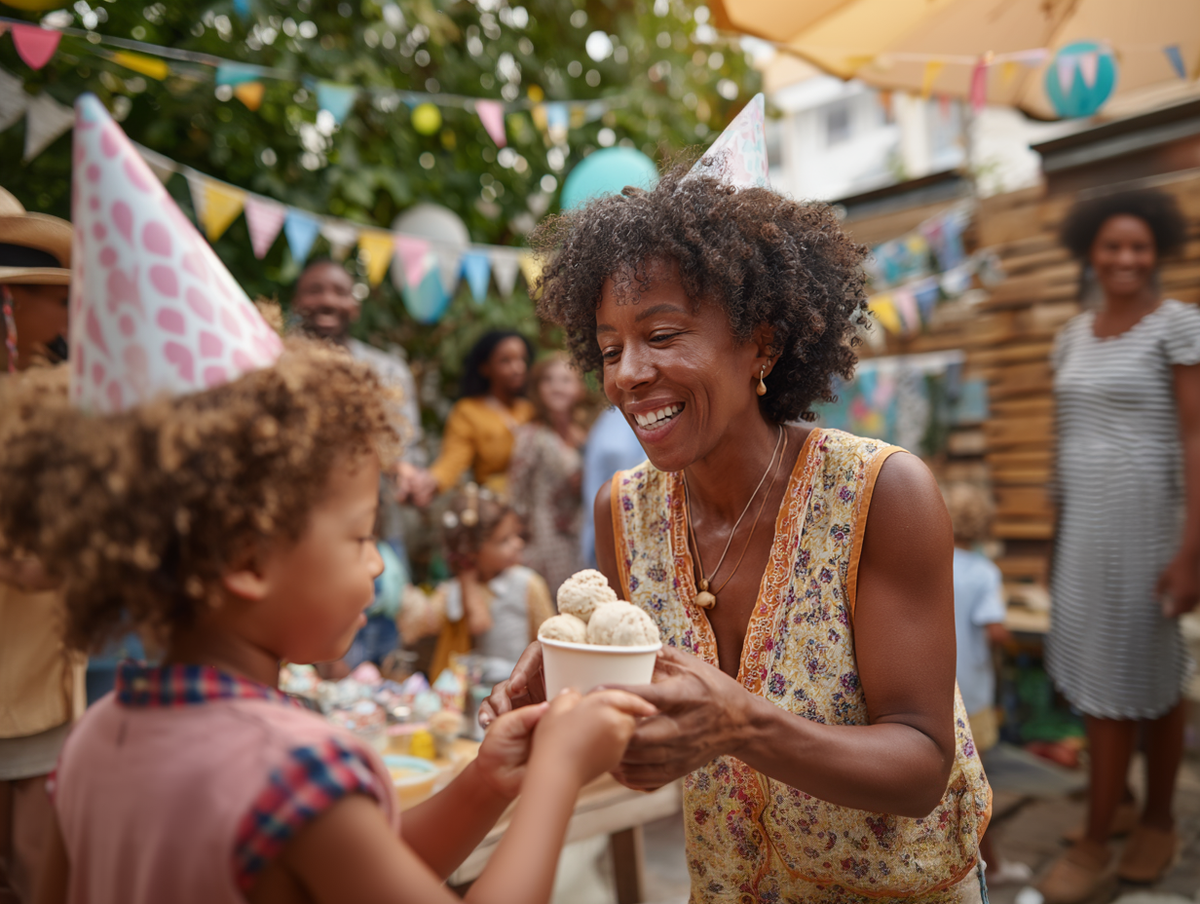 Woman handing ice cream to a child at a party with decorations and people in the background