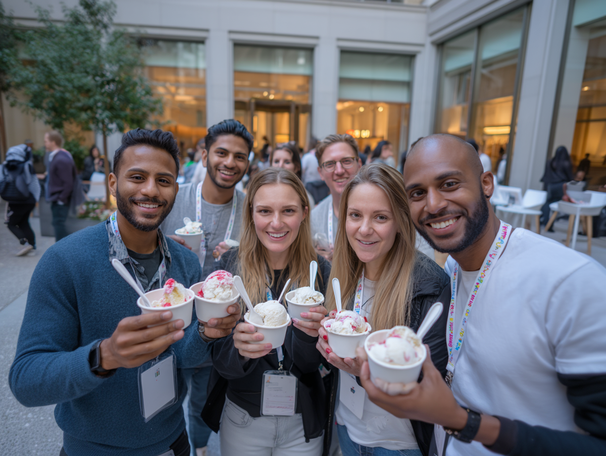 Group of people holding ice cream from mash up ice cream catering outdoors in an urban setting