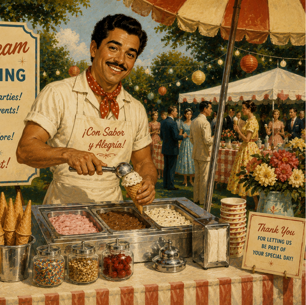 a happy man serving ice cream at a party outside with guests in the background