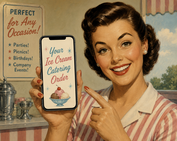 Phone screen showing an ice cream order with colorful ice cream cones and scoops being held by a woman