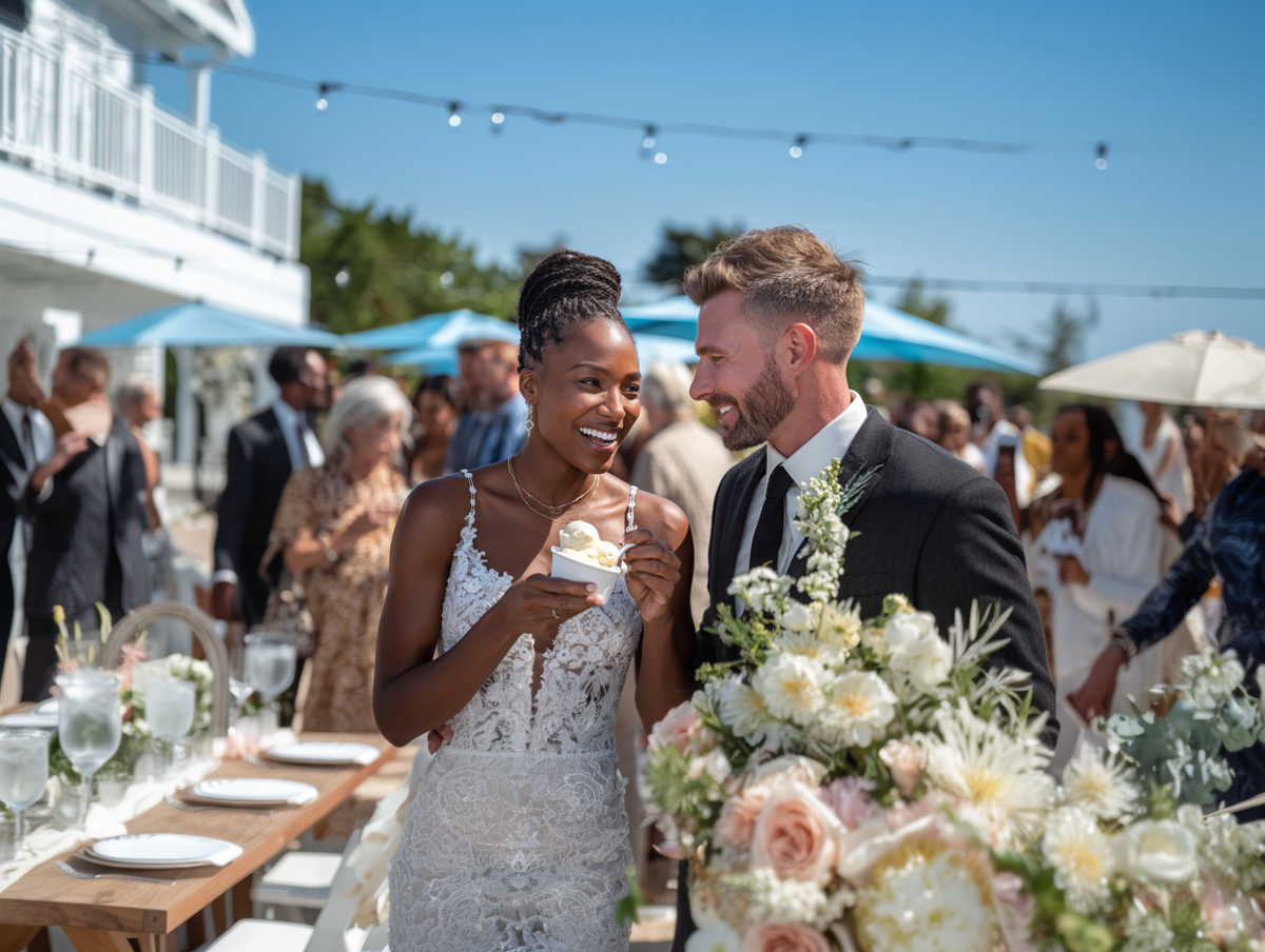 Couple at a wedding reception with floral arrangements eating ice cream from mash up catering