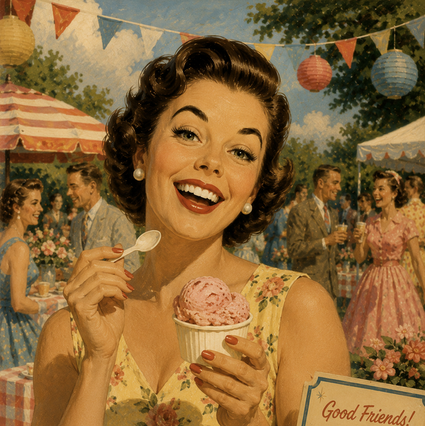 A young woman is enjoying ice cream at a party with her friends